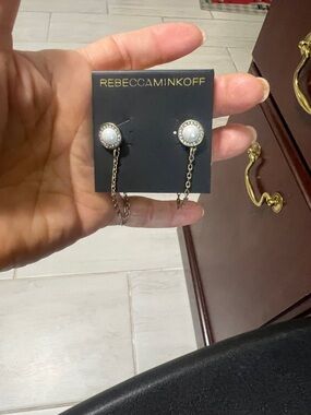 Rebecca Minkoff Pearl Center Gold Chain Drop Earrings